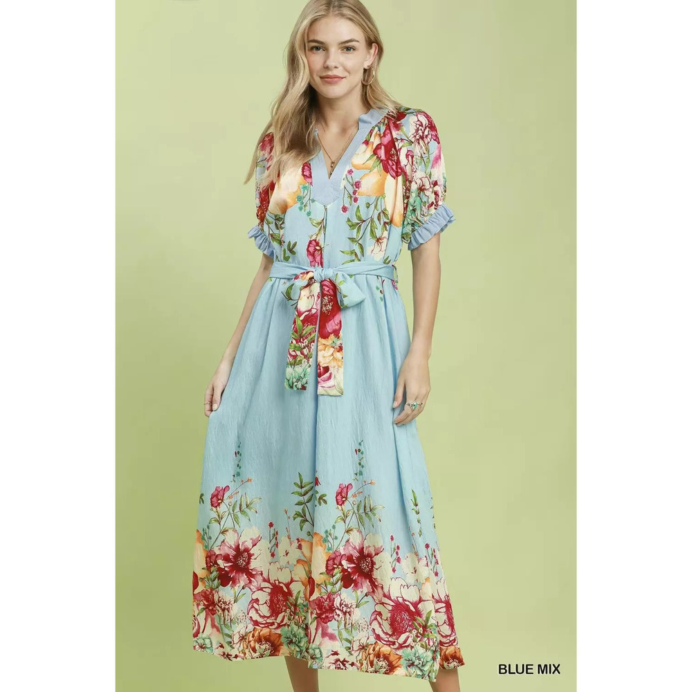 Umgee Mix Floral Border Print Midi Dress